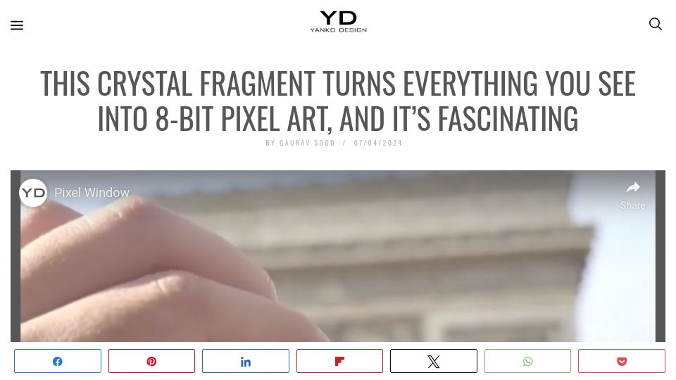 Screenshot of yankodesign.com: Crystal Fragment Turns Everything You See into 8-Bit Pixel Art