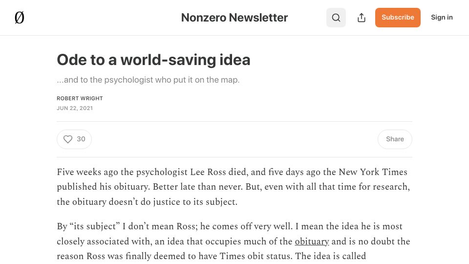 Screenshot of nonzero.substack.com: Ode to a world-saving idea: attribution error and cognitive empathy (2021)