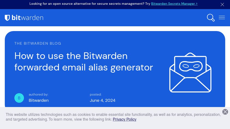 Screenshot of bitwarden.com: How to use the Bitwarden forwarded email alias generator