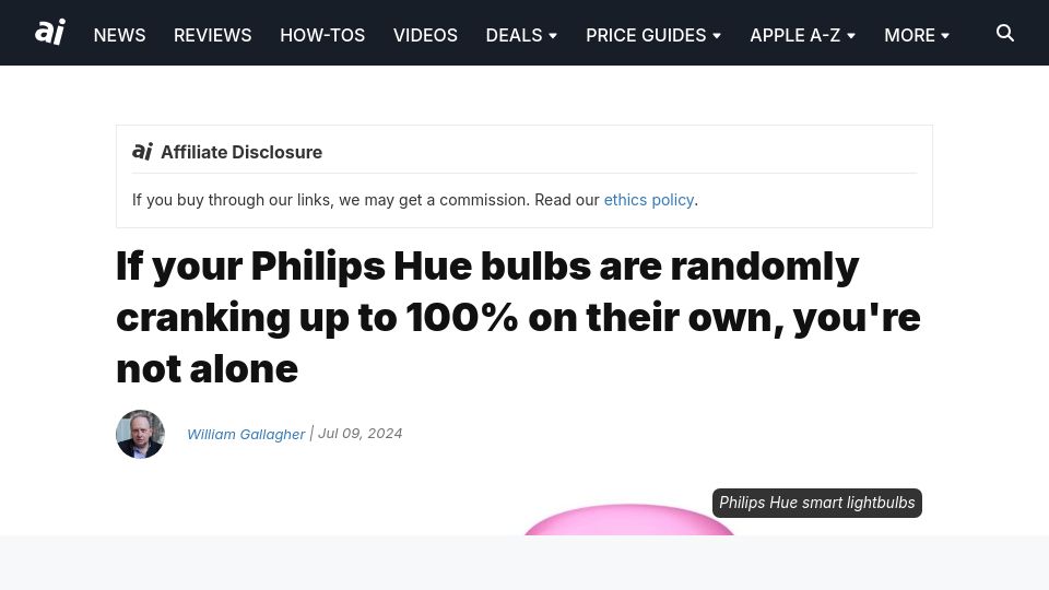 Screenshot of appleinsider.com: Philips Hue bulbs are randomly turning brightness to 100%