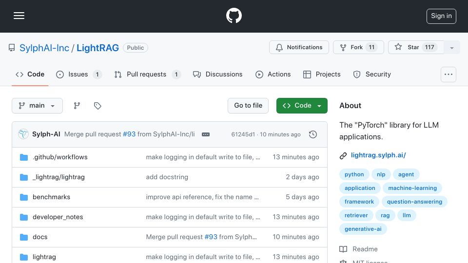 Screenshot of github.com: LightRAG: The PyTorch Library for Large Language Model Applications