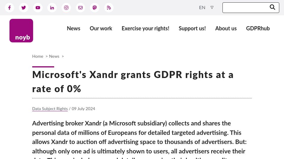Screenshot of noyb.eu: Microsoft's Xandr grants GDPR rights at a rate of 0%