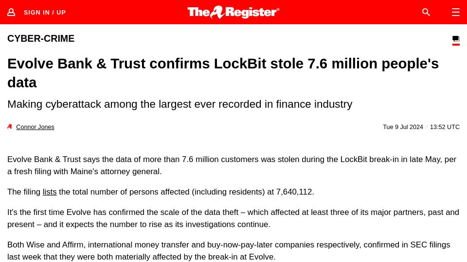 Screenshot of theregister.com: Evolve Bank and Trust confirms LockBit stole 7.6M people's data