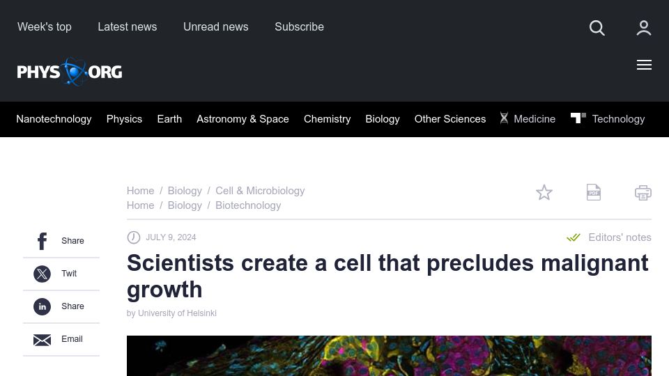 Screenshot of phys.org: Scientists create a cell that precludes malignant growth