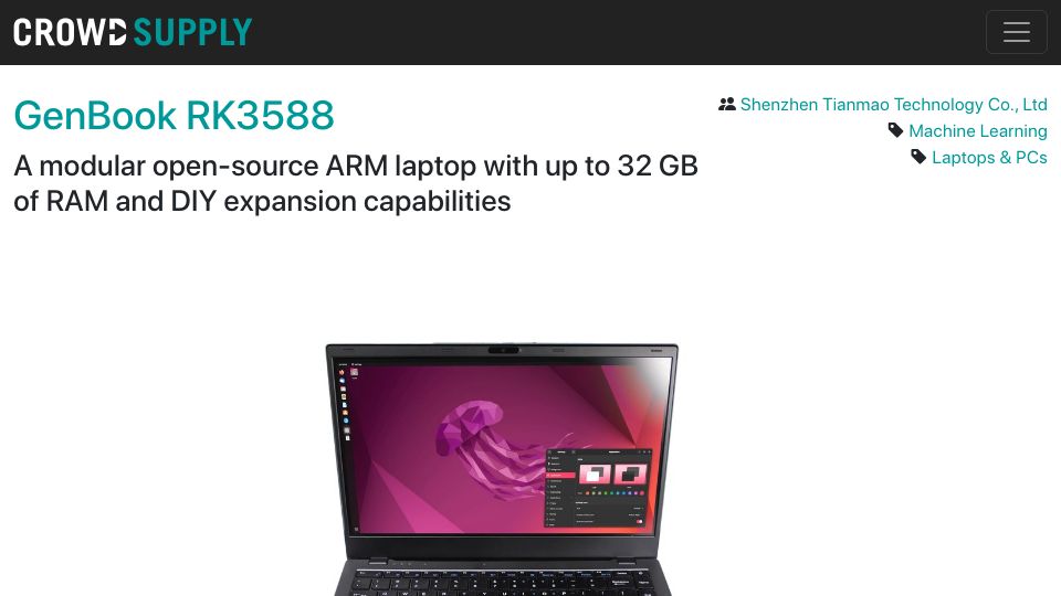Screenshot of crowdsupply.com: GenBook RK3588 – Modular open-source ARM laptop with DIY expansion capabilities