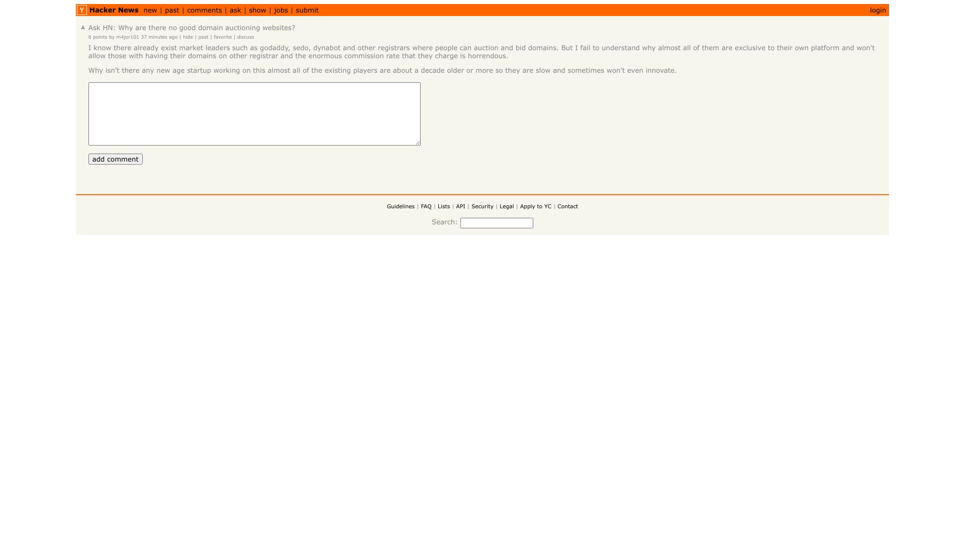 Screenshot of this Hacker News post: Ask HN: Why are there no good domain auctioning websites?