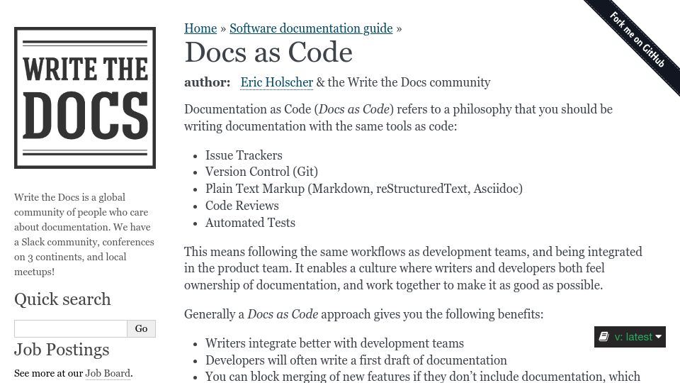 Screenshot of writethedocs.org: Docs as code (2017)