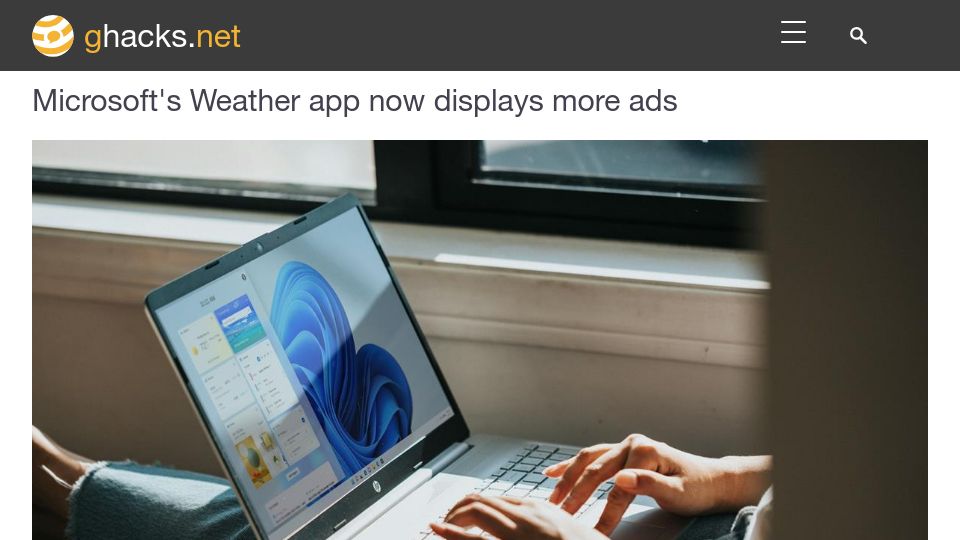Screenshot of ghacks.net: Microsoft's Weather app now shows more ads