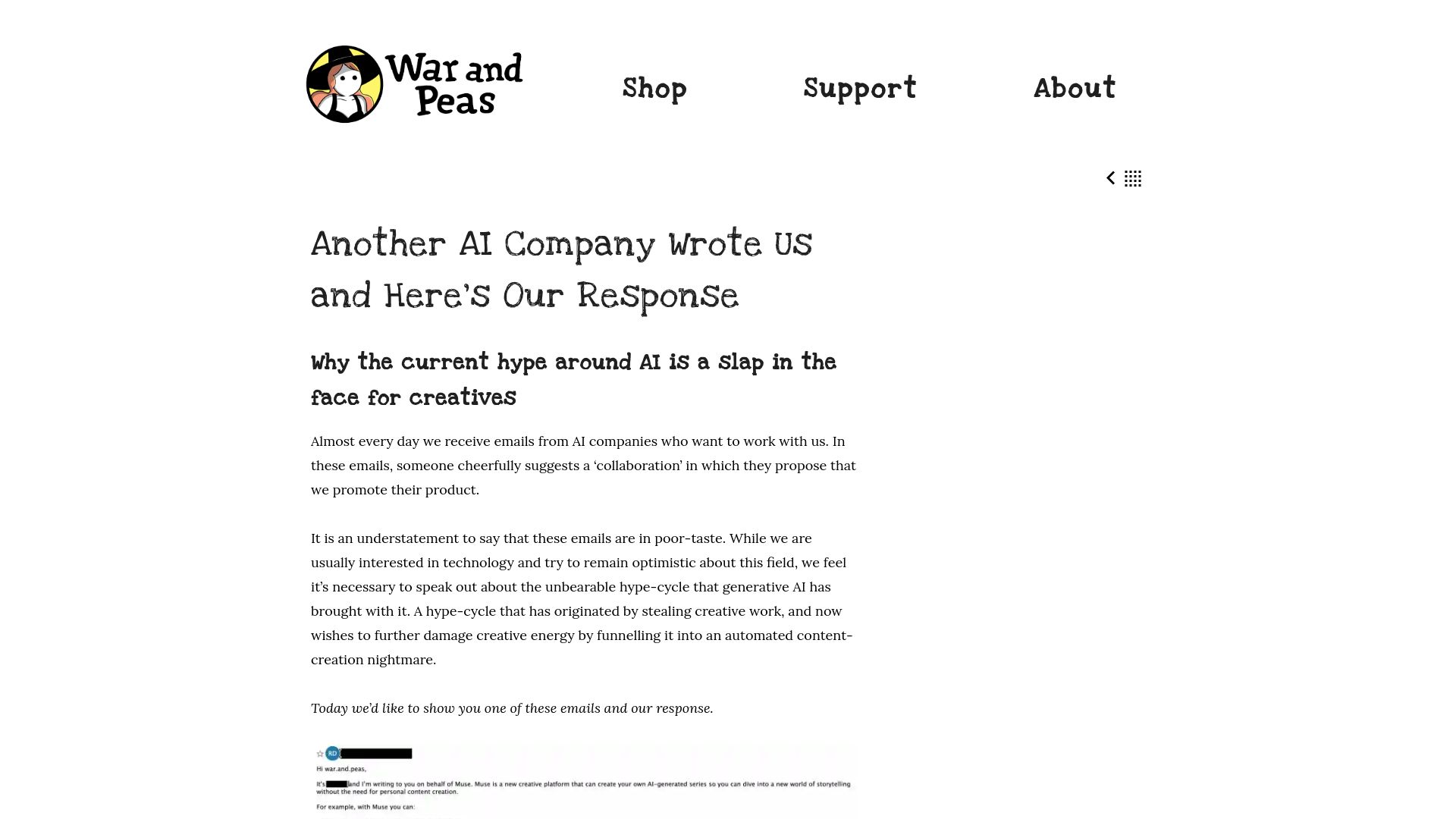 Screenshot of warandpeas.com: Another AI company wrote us and here’s our response