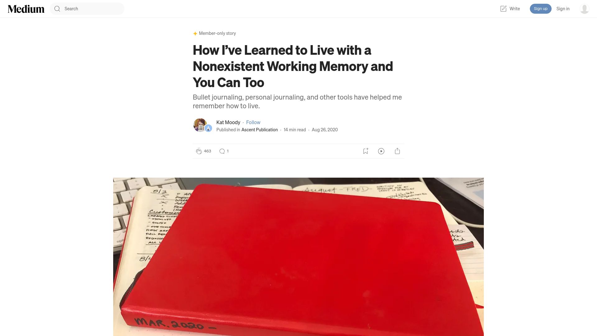 Screenshot of medium.com: How I've Learned to Live with a Nonexistent Working Memory