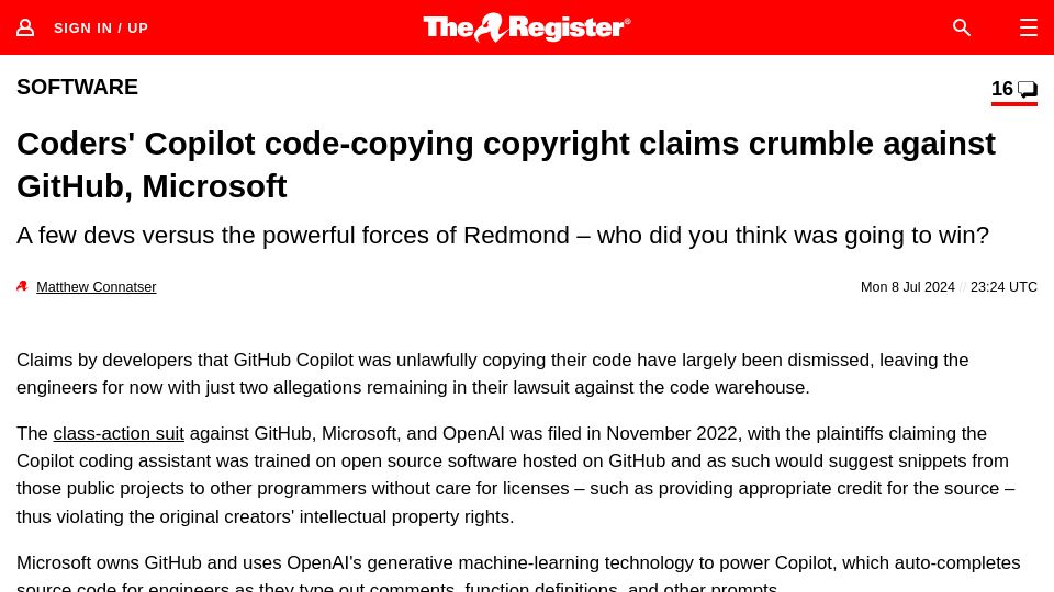 Screenshot of theregister.com: Judge dismisses DMCA copyright claim in GitHub Copilot suit
