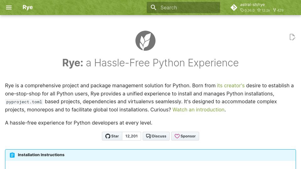 Screenshot of rye.astral.sh: Rye: A Hassle-Free Python Experience