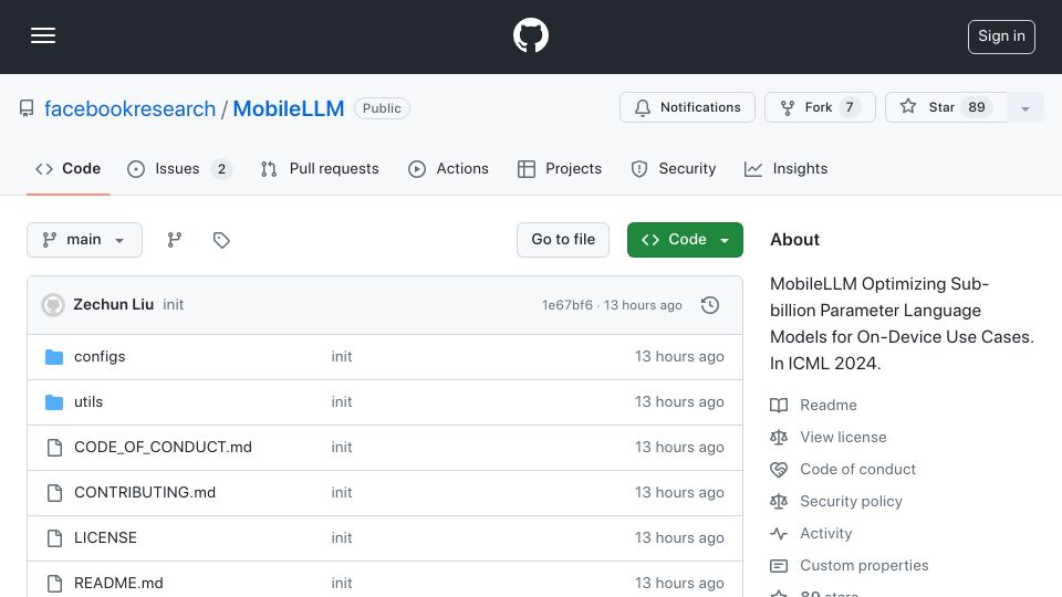Screenshot of github.com: MobileLLM: Optimizing Sub-Billion Parameter Language Models for On-Device Use