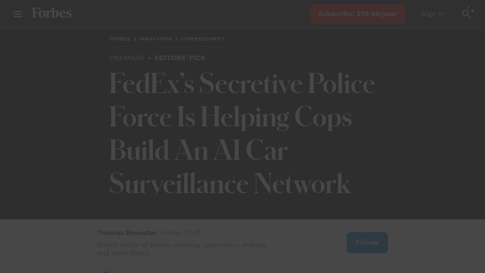 Screenshot of forbes.com: FedEx's Secretive Police Force Is Helping Cops Build a Car Surveillance Network