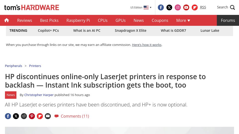 Screenshot of tomshardware.com: HP discontinues online-only LaserJet printers in response to backlash
