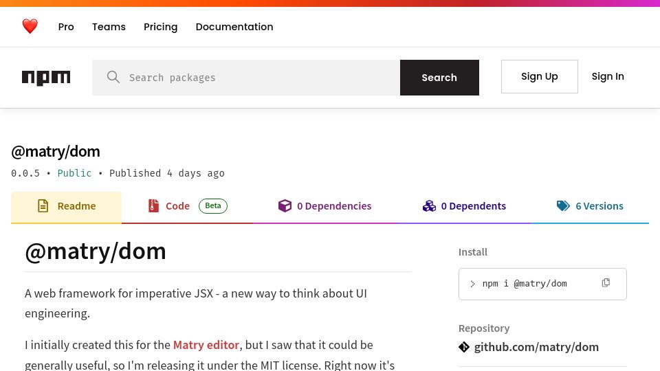 Screenshot of npmjs.com: Show HN: A JavaScript UI library for imperative JSX