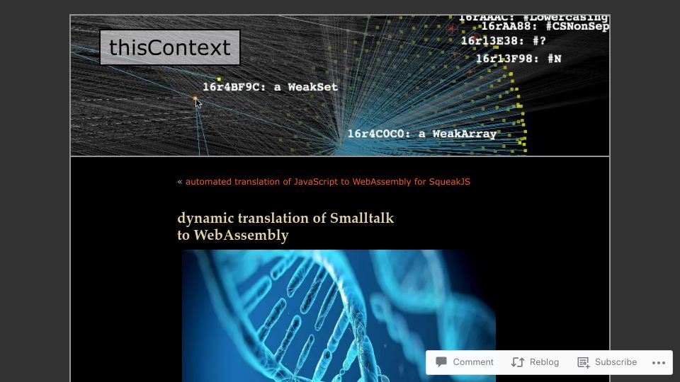 Screenshot of thiscontext.com: Dynamic translation of Smalltalk to WebAssembly