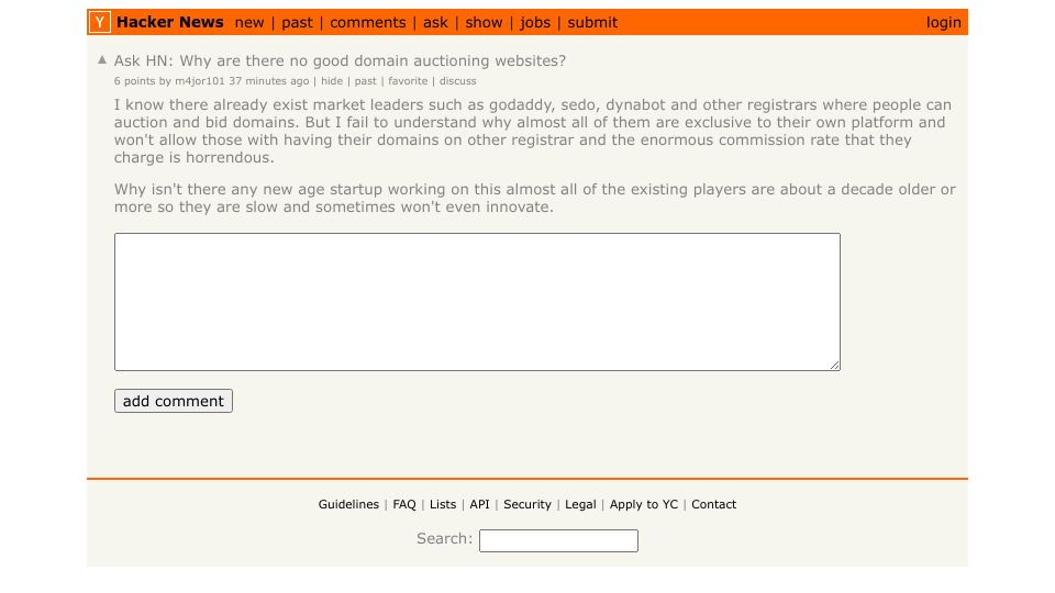 Screenshot of Hacker News post: Ask HN: Why are there no good domain auctioning websites?