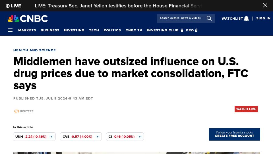 Screenshot of cnbc.com: Middlemen have outsized influence on drug prices due to market consolidation,FTC
