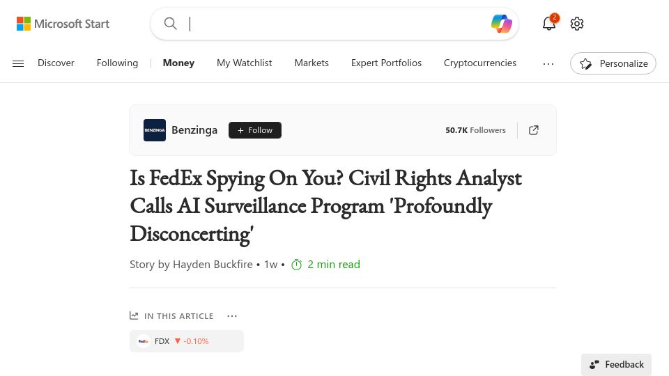 Screenshot of msn.com: Civil Rights Analyst Calls FedEx Surveillance Program 'Profoundly Disconcerting'