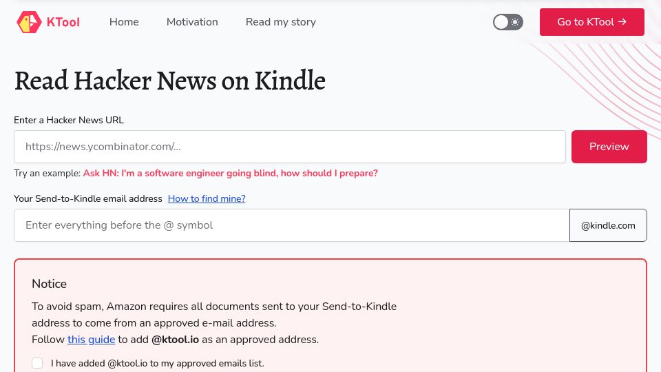Screenshot of ktool.io: Read Hacker News on Kindle (2022)