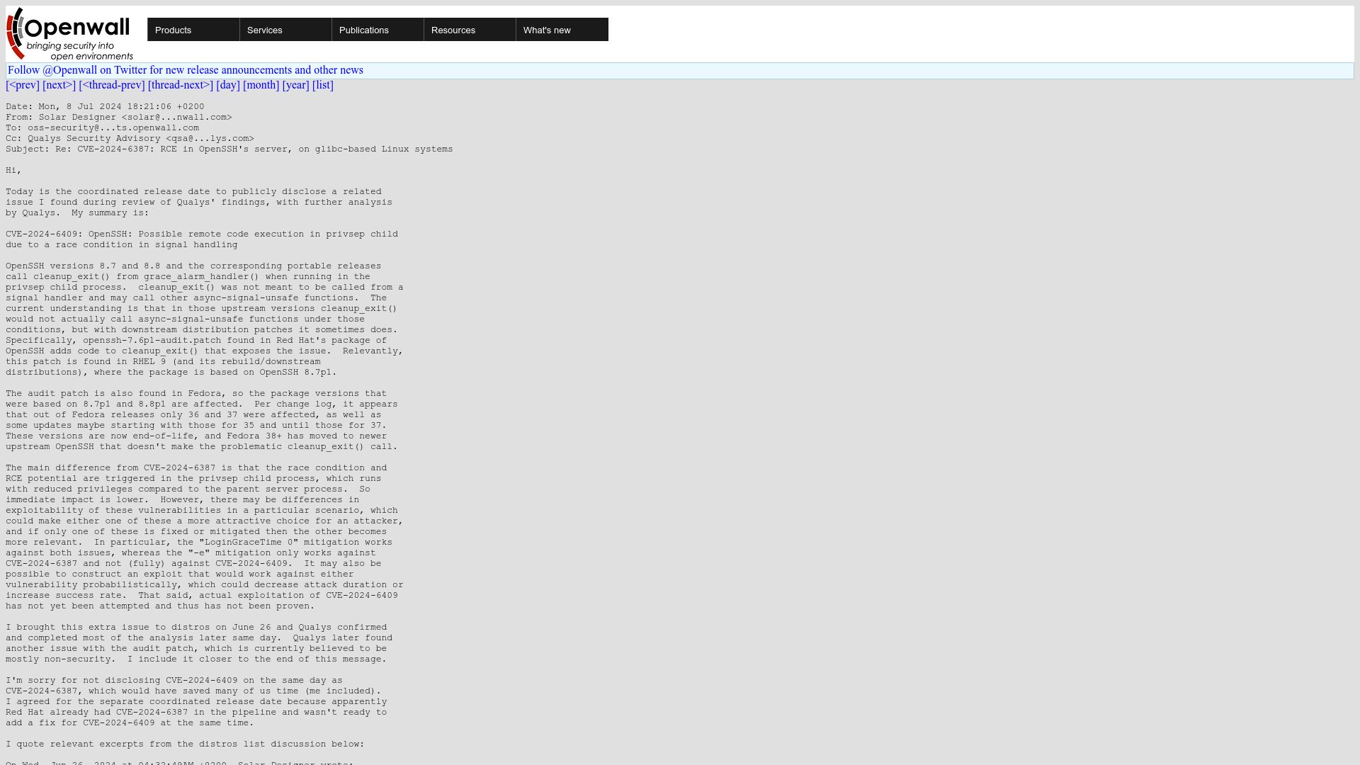 Screenshot of openwall.com: CVE-2024-6409: OpenSSH: Possible remote code execution in privsep child