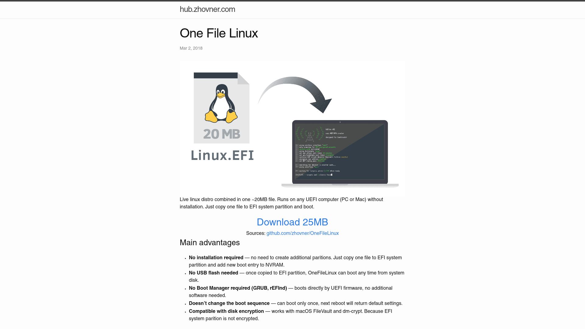 Screenshot of hub.zhovner.com: OneFileLinux: A 20MB Alpine metadistro that fits into the ESP