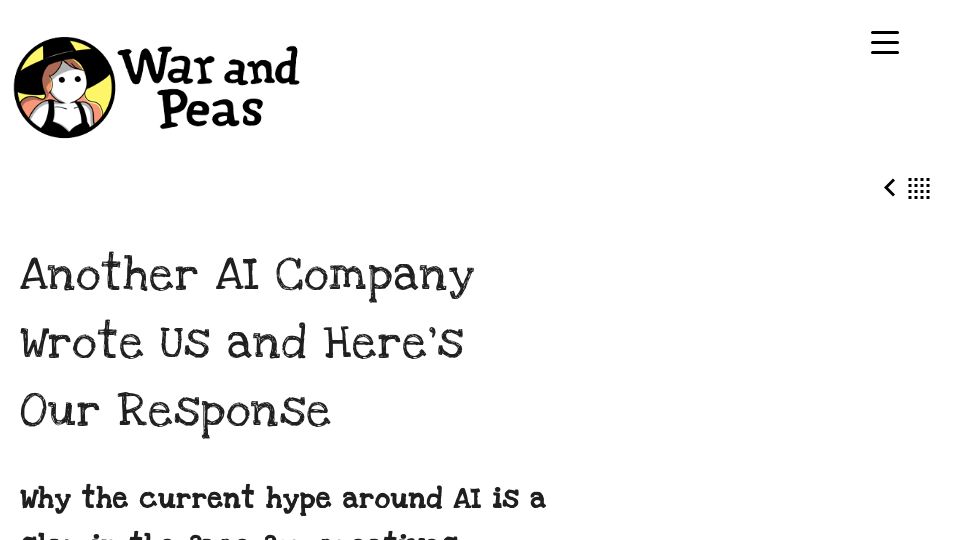 Screenshot of warandpeas.com: Another AI company wrote us and here’s our response