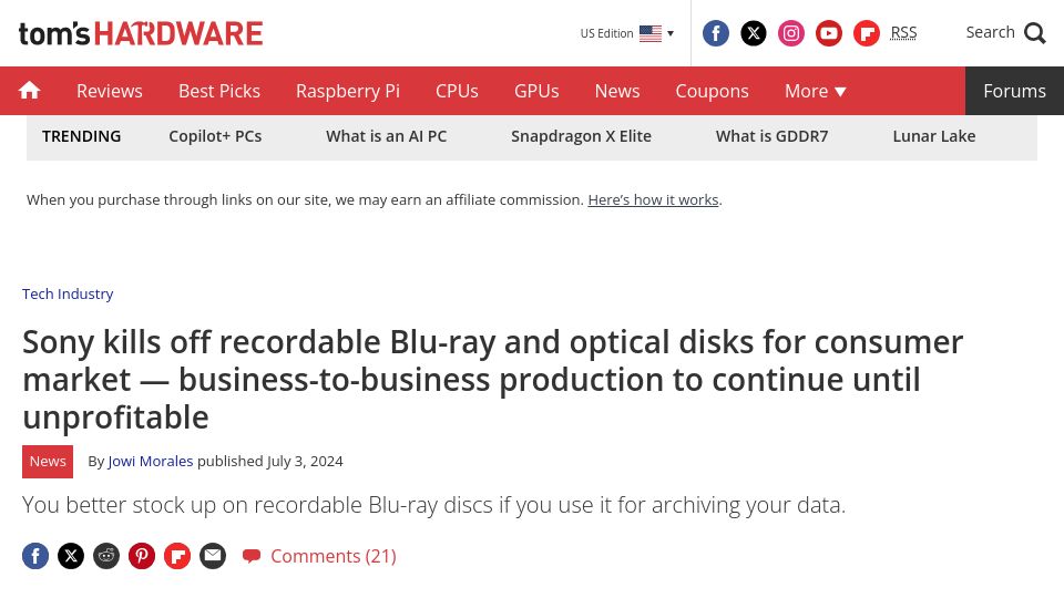 Screenshot of tomshardware.com: Sony kills off recordable Blu-ray for consumer market, B2B to continue