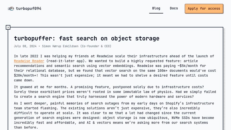 Screenshot of turbopuffer.com: Turbopuffer: Fast search on object storage