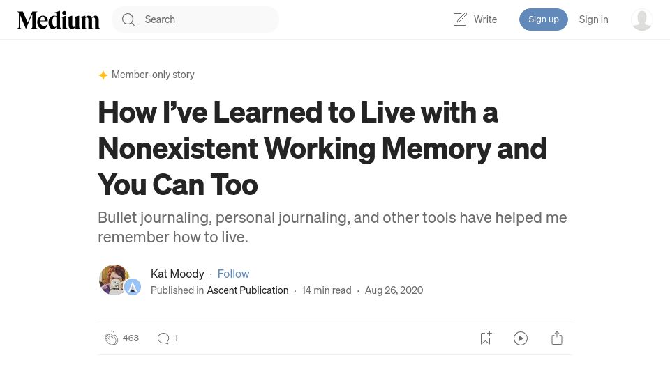 Screenshot of medium.com: How I've Learned to Live with a Nonexistent Working Memory