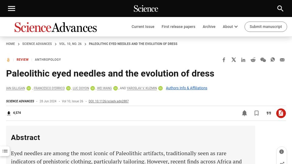 Screenshot of science.org: Paleolithic eyed needles and the evolution of dress