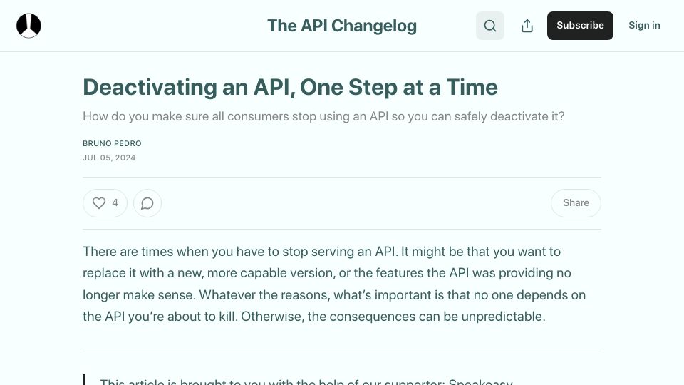 Screenshot of apichangelog.substack.com: Deactivating an API, one step at a time