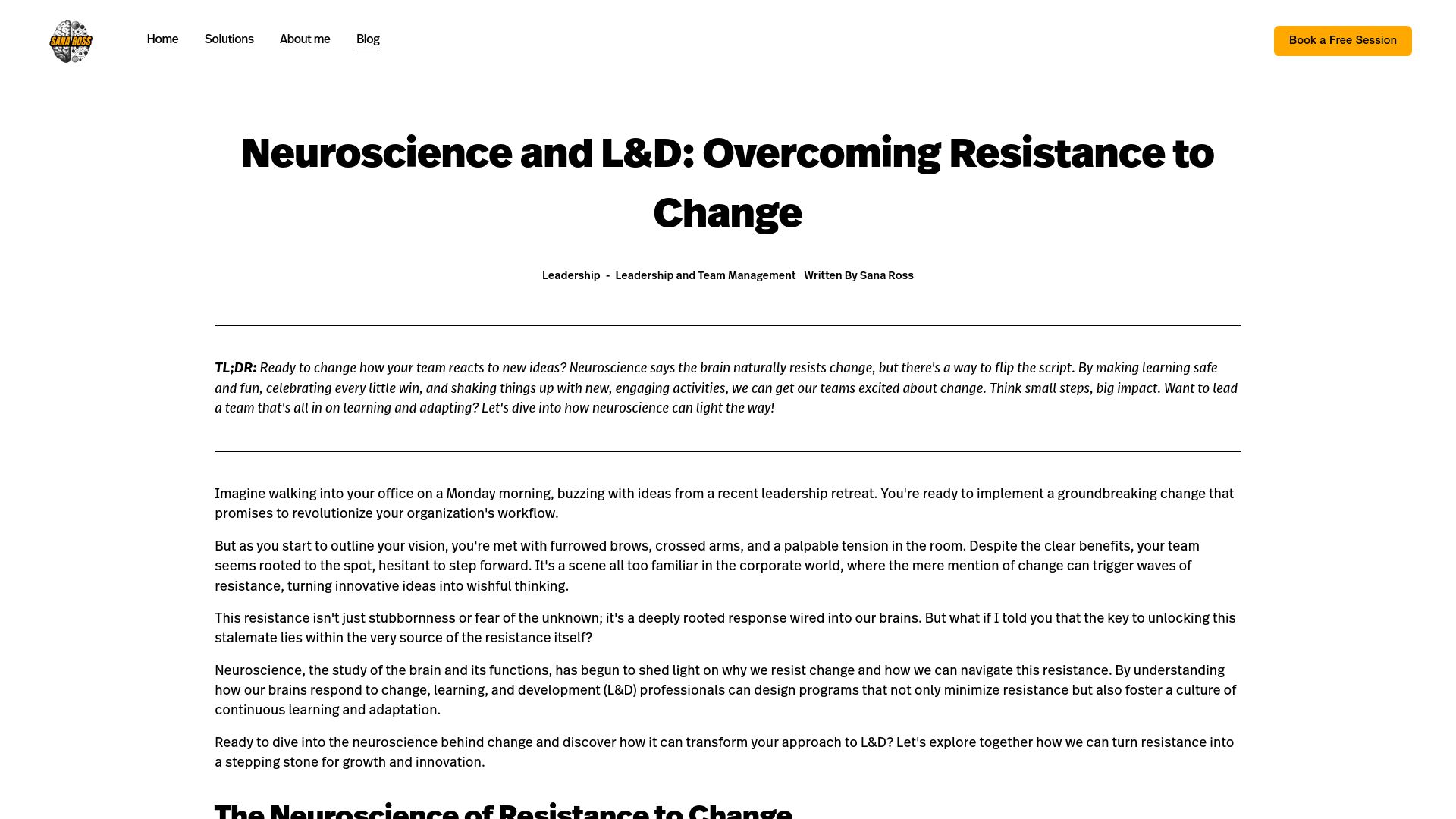 Screenshot of sanaross.com: The Neuroscience of Resistance to Change