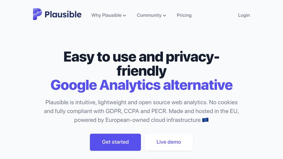 Screenshot of plausible.io: Plausible Analytics: GDPR Compliance w/o Cookie Consent Banner