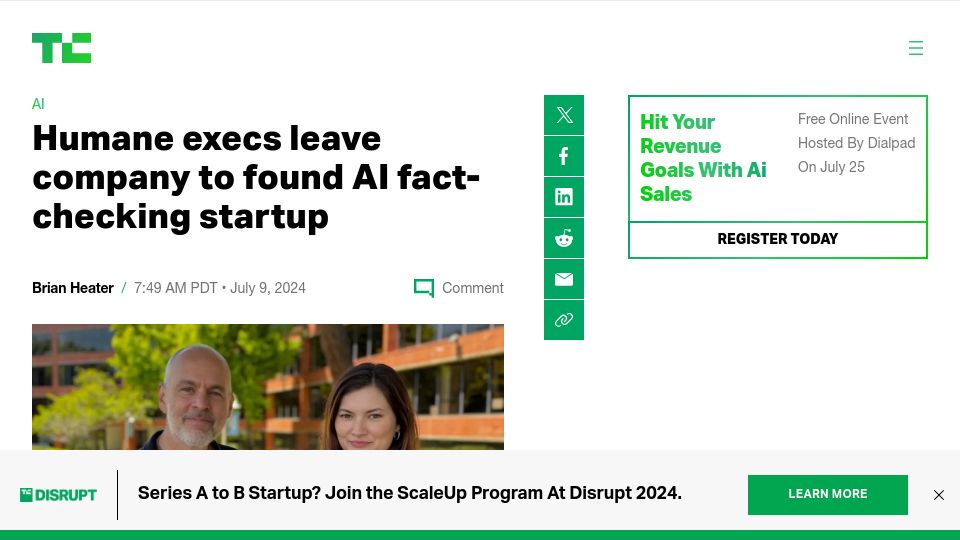 Screenshot of techcrunch.com: Humane execs leave company to found AI fact-checking startup
