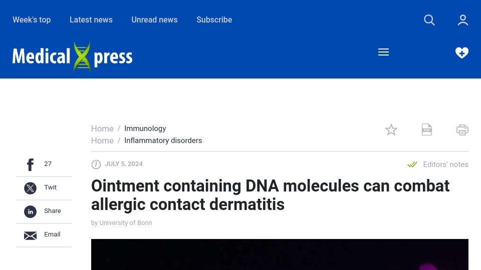 Screenshot of medicalxpress.com: Ointment containing DNA molecules can combat allergic contact dermatitis