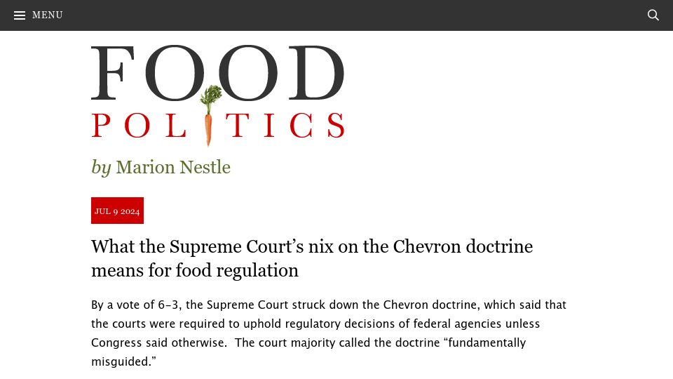 Screenshot of foodpolitics.com: What the Supreme Court's Nix on the Chevron doctrine means for food regulation