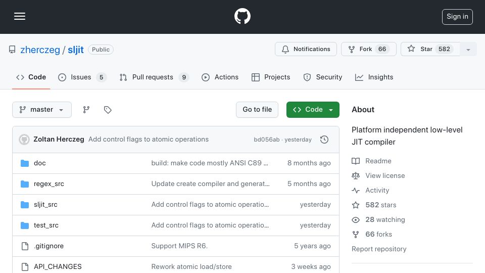 Screenshot of github.com: Sljit: Platform independent low-level JIT compiler
