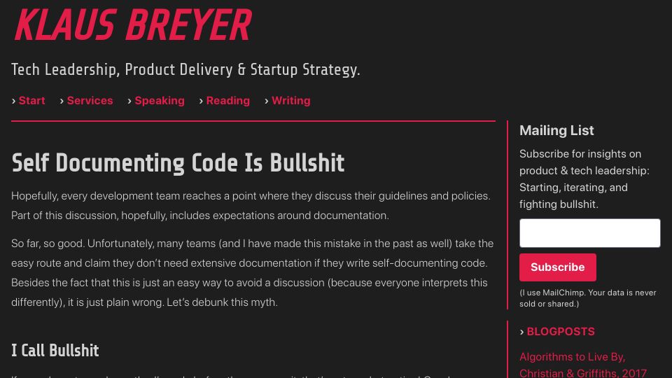 Screenshot of v01.io: Self Documenting Code Is Bullshit