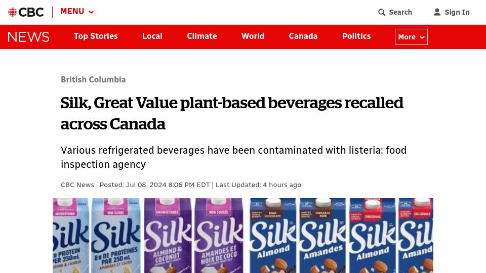 Screenshot of cbc.ca: Silk, Great Value plant-based beverages recalled across Canada