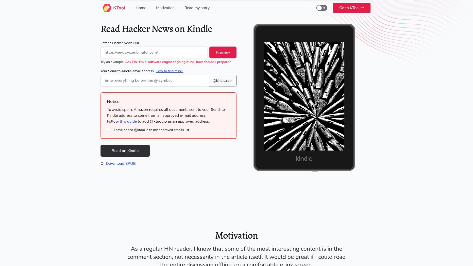 Screenshot of ktool.io: Read Hacker News on Kindle (2022)