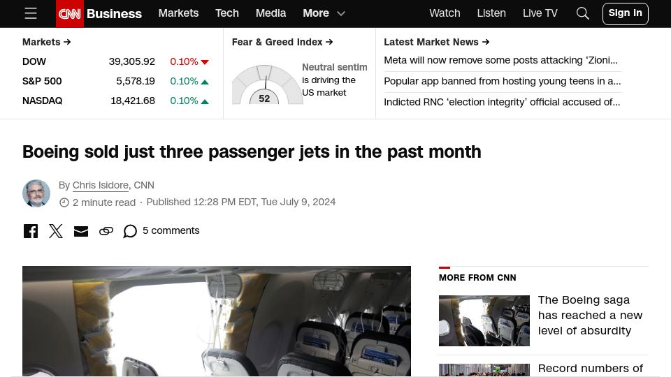 Screenshot of cnn.com: Boeing sold just three passenger jets in the past month