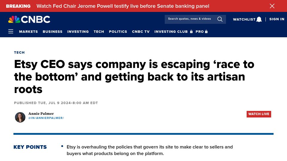 Screenshot of cnbc.com: Etsy: Company escaping 'race to the bottom', getting back to its artisan roots