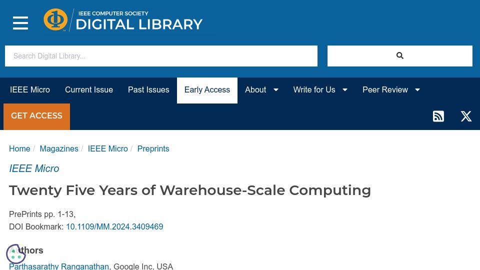 Screenshot of computer.org: Twenty Five Years of Warehouse-Scale Computing