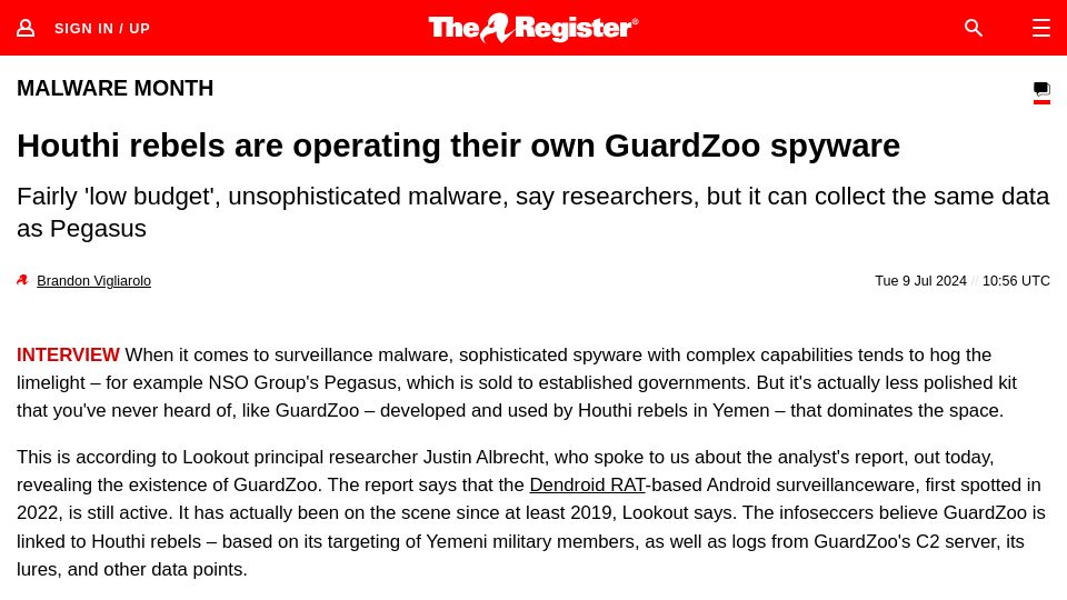 Screenshot of theregister.com: Houthi rebels are operating their own GuardZoo spyware