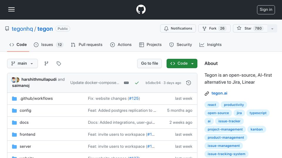 Screenshot of github.com: Show HN: Tegon: Open-source alternative to Jira, Linear