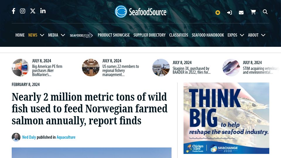 Screenshot of seafoodsource.com: Nearly 2M metric tons of wild fish used to feed Norwegian farmed salmon annually