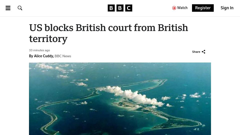 Screenshot of bbc.com: US blocks British court from British territory