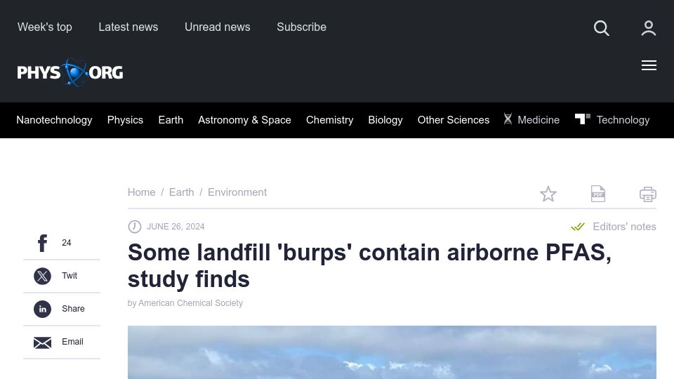 Screenshot of phys.org: Some landfill 'burps' contain airborne PFAS, study finds
